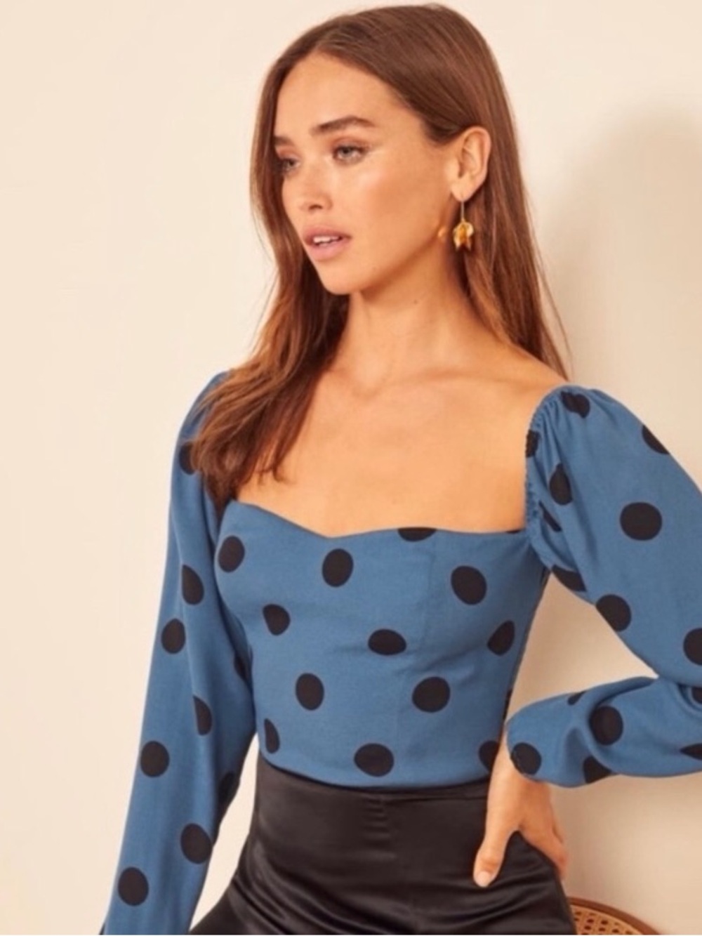 Reformation Blue Polka Dot Puff-Sleeve Sweetheart Top